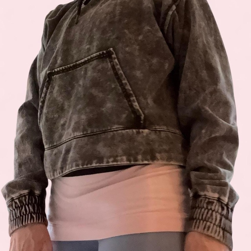 Washed Black Cropped Hoodie with Kangaroo Pocket